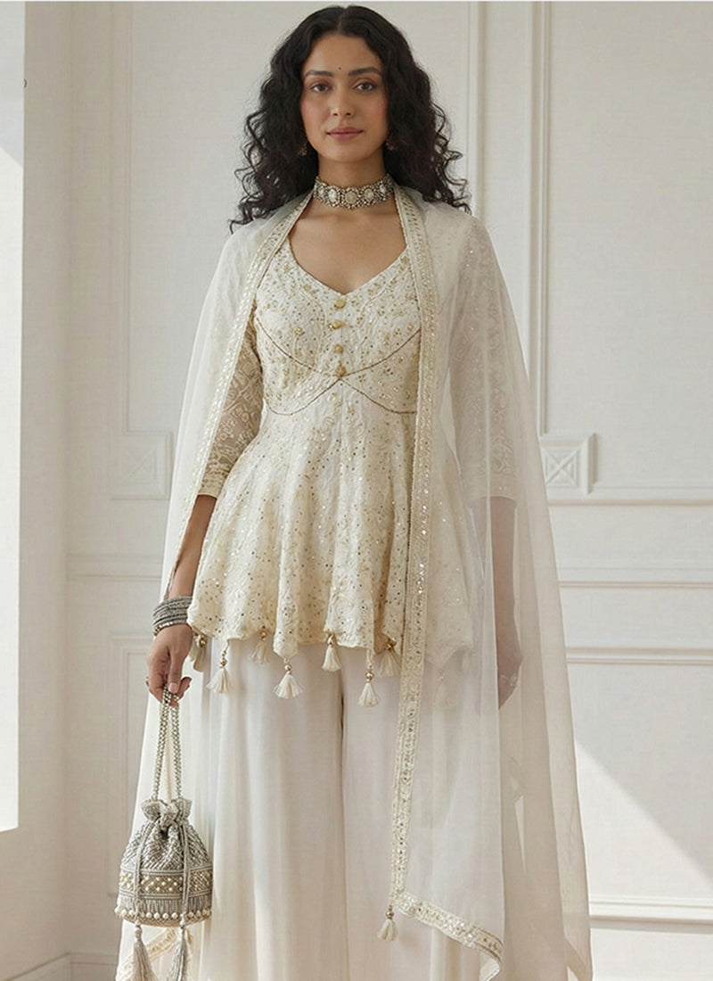 White Georgette Sequin Work Festival Wear Readymade Plazzo Suit SW719020