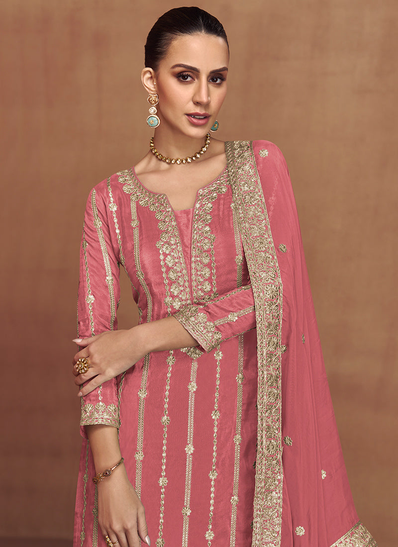 Shimmer Silk Pink Wedding Wear Sequins Work Readymade Plazzo Suit 385693