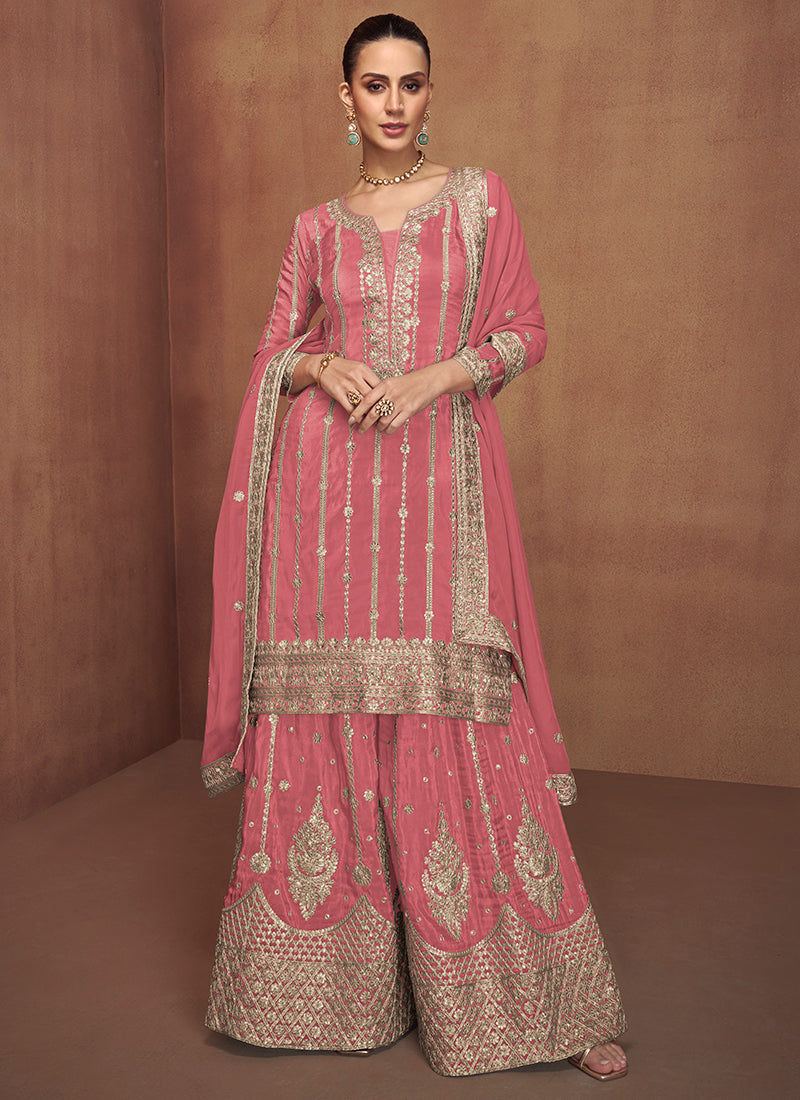 Shimmer Silk Pink Wedding Wear Sequins Work Readymade Plazzo Suit 385693