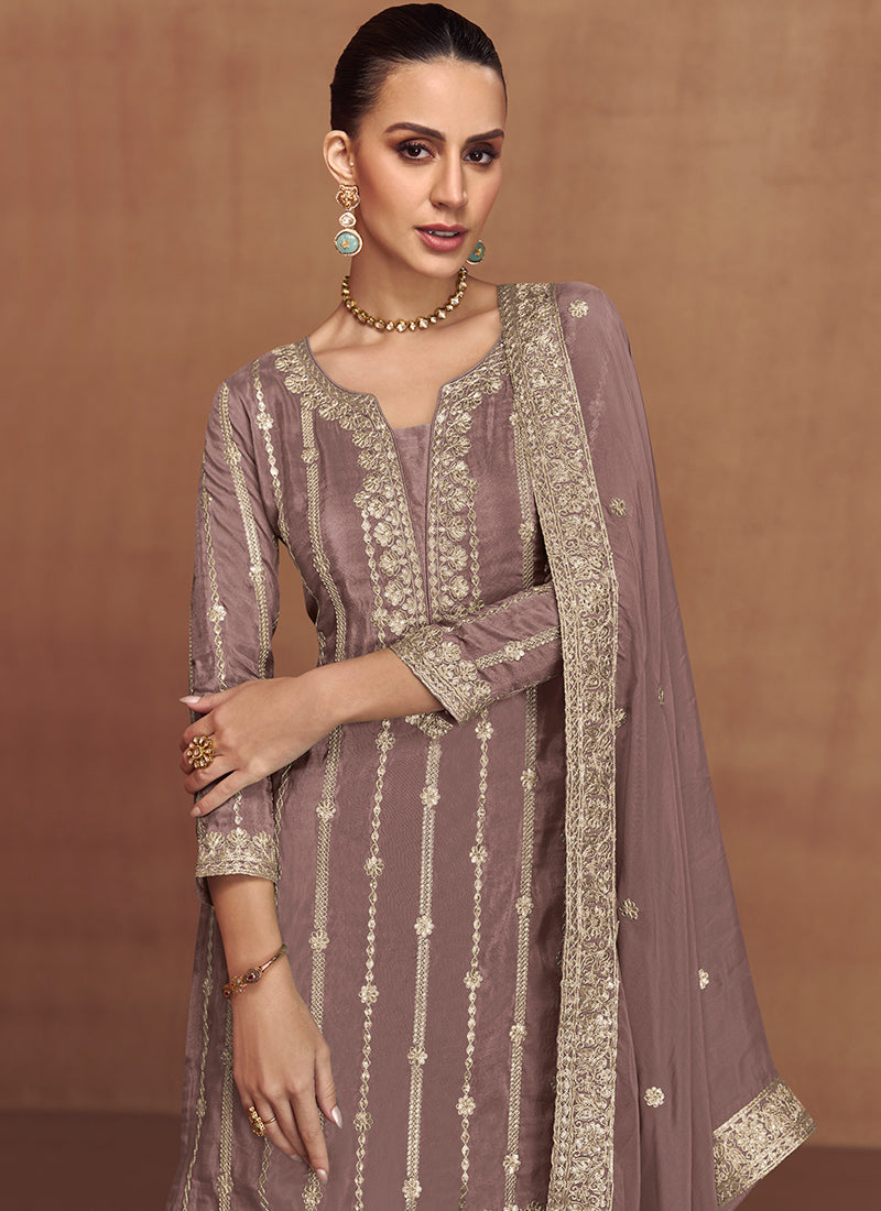 Shimmer Silk Brown Wedding Wear Sequins Work Readymade Plazzo Suit 385694