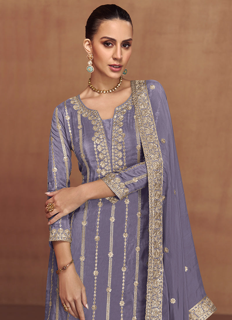 Shimmer Silk Lavender Wedding Wear Sequins Work Readymade Plazzo Suit 385695