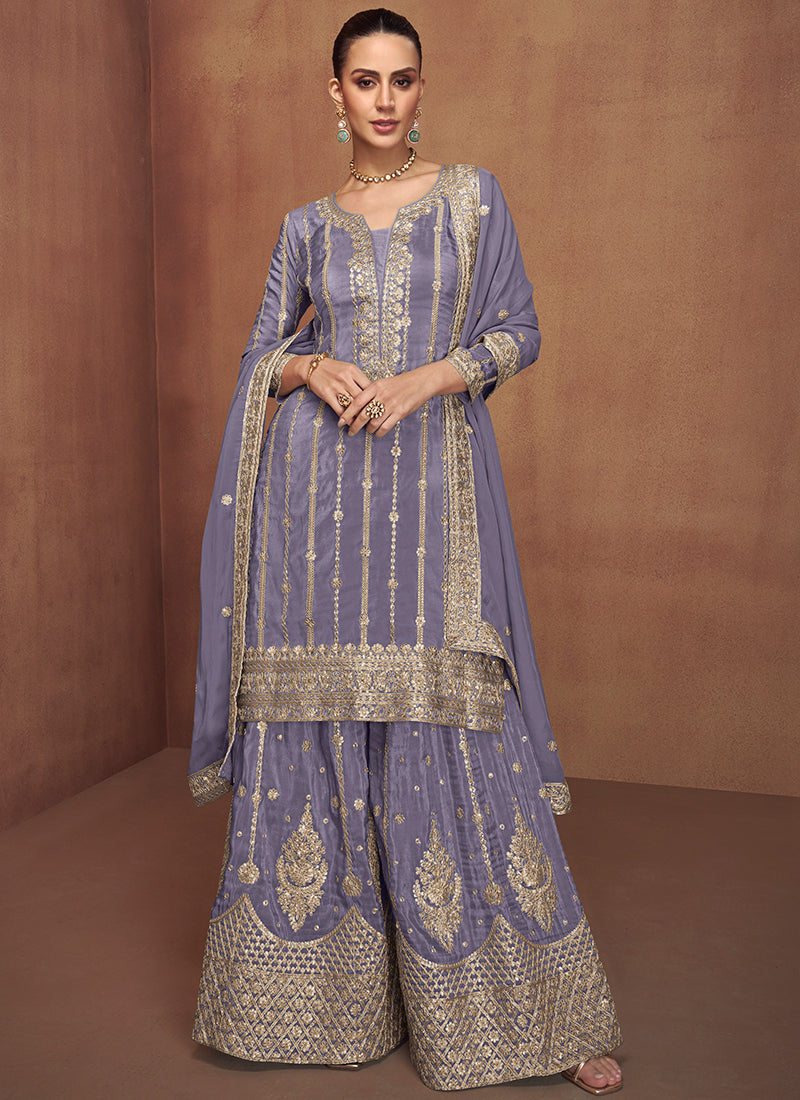 Shimmer Silk Lavender Wedding Wear Sequins Work Readymade Plazzo Suit 385695