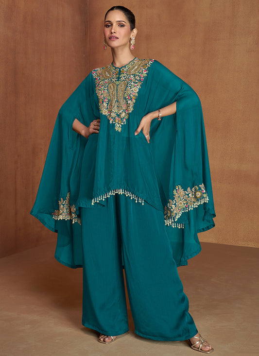 Silk Teal Green Wedding Wear Embroidery Work Readymade Ethnic Wear 385700
