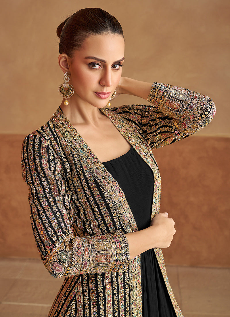 Georgette Black Wedding Wear Hand Work Readymade Ethnic Wear 385727