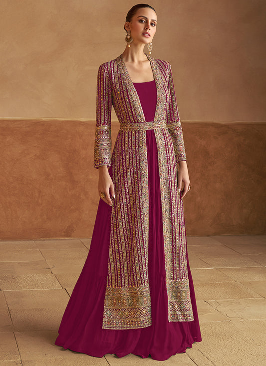 Georgette Magenta Wedding Wear Hand Work Readymade Ethnic Wear 385730