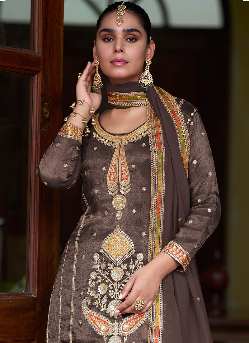 Shimmer Silk Brown Party Wear Sequin Work Readymade Plazzo Suit 386270