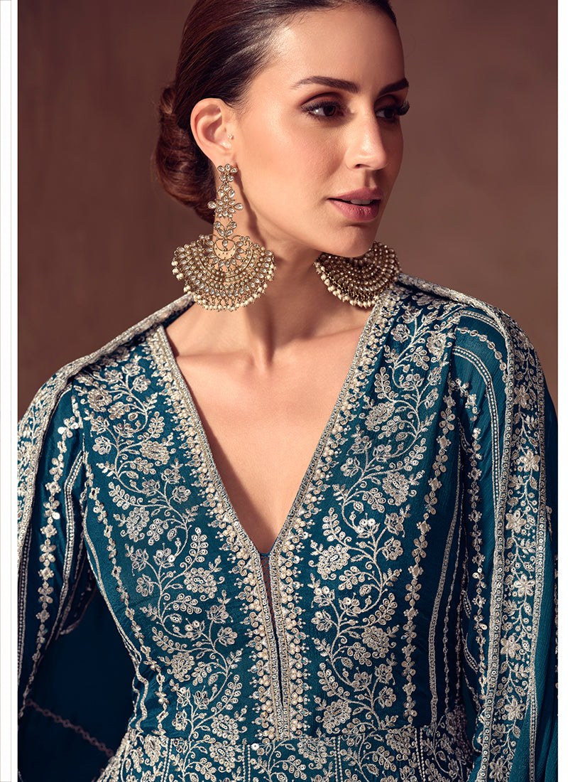 Chinon Navy Blue Wedding Wear Embroidery Work Readymade Anarkali Suit 387056