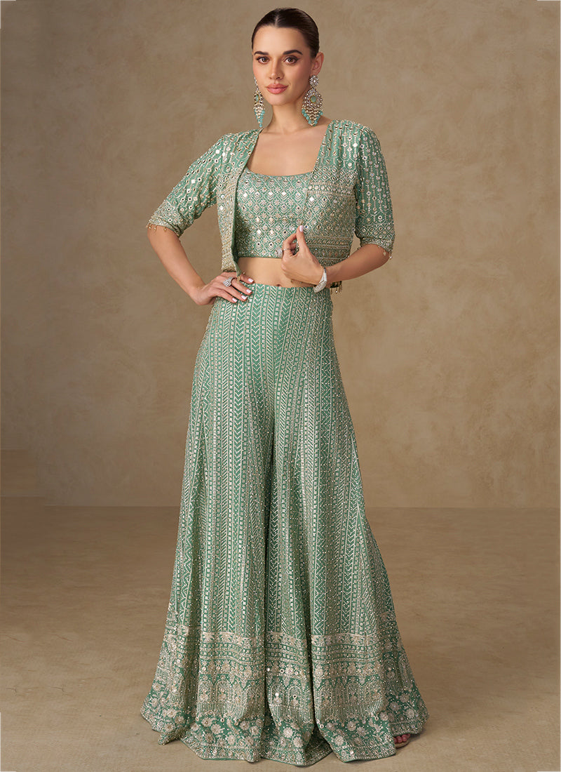 Georgette Mint Green Party Wear Embroidery Work Readymade Indo-Western Plazzo Suit 387059
