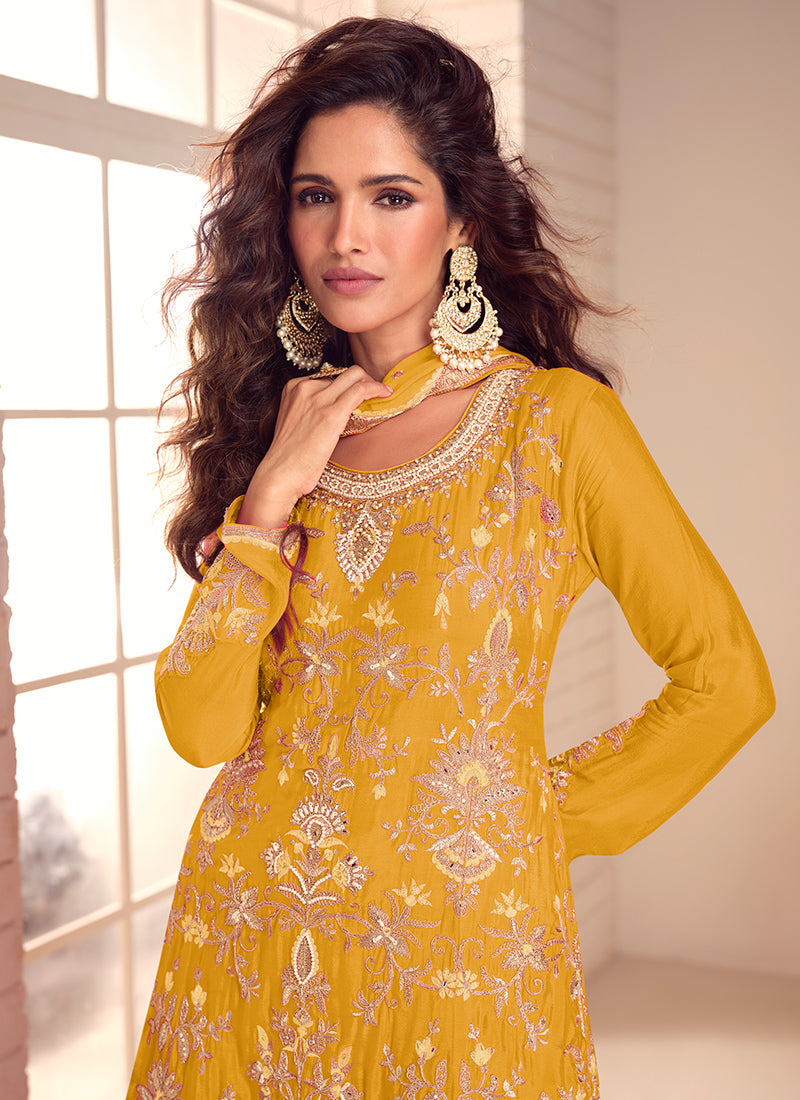 Chinnon Yellow Party Wear Embroidery Work Readymade Plazzo Suit 386734
