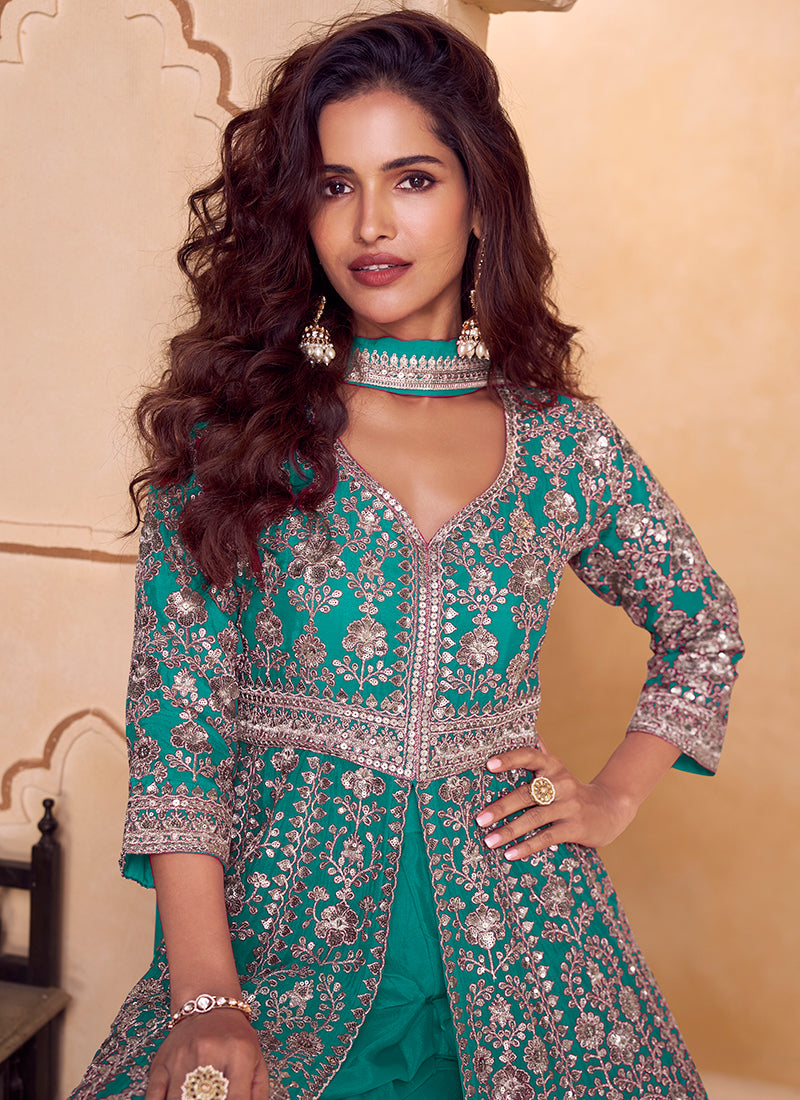 Teal Green Chinon Sequins Work Wedding Wear Readymade Designer Suit SW692043