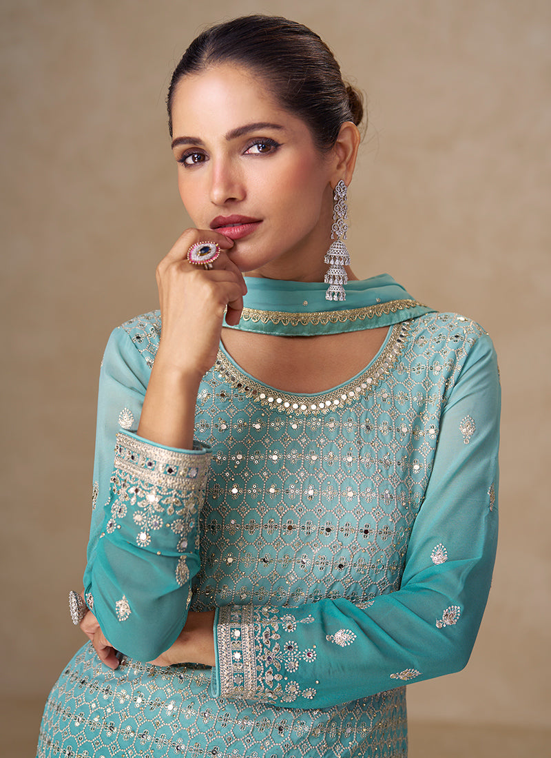 Sky Blue Georgette Embroidery Work Party Wear Readymade Plazzo Suit SW964680
