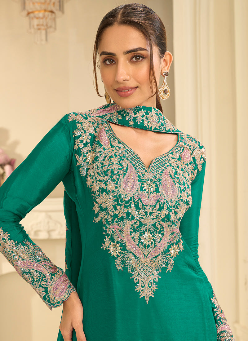 Turquise Chinon Silk Embroidery Work Occasional Wear Readymade Palazzo Suit SW404630