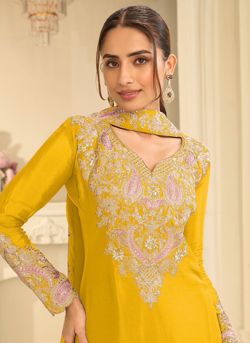 Yellow Chinon Silk Embroidery Work Occasional Wear Readymade Palazzo Suit SW404632