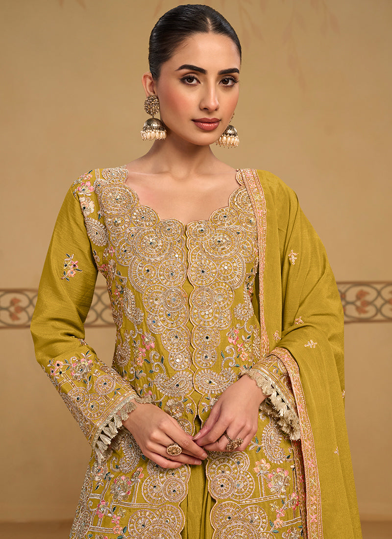 Lime Yellow Chinon Embroidery Work Occasional Wear Readymade Plazzo Suit SW405981