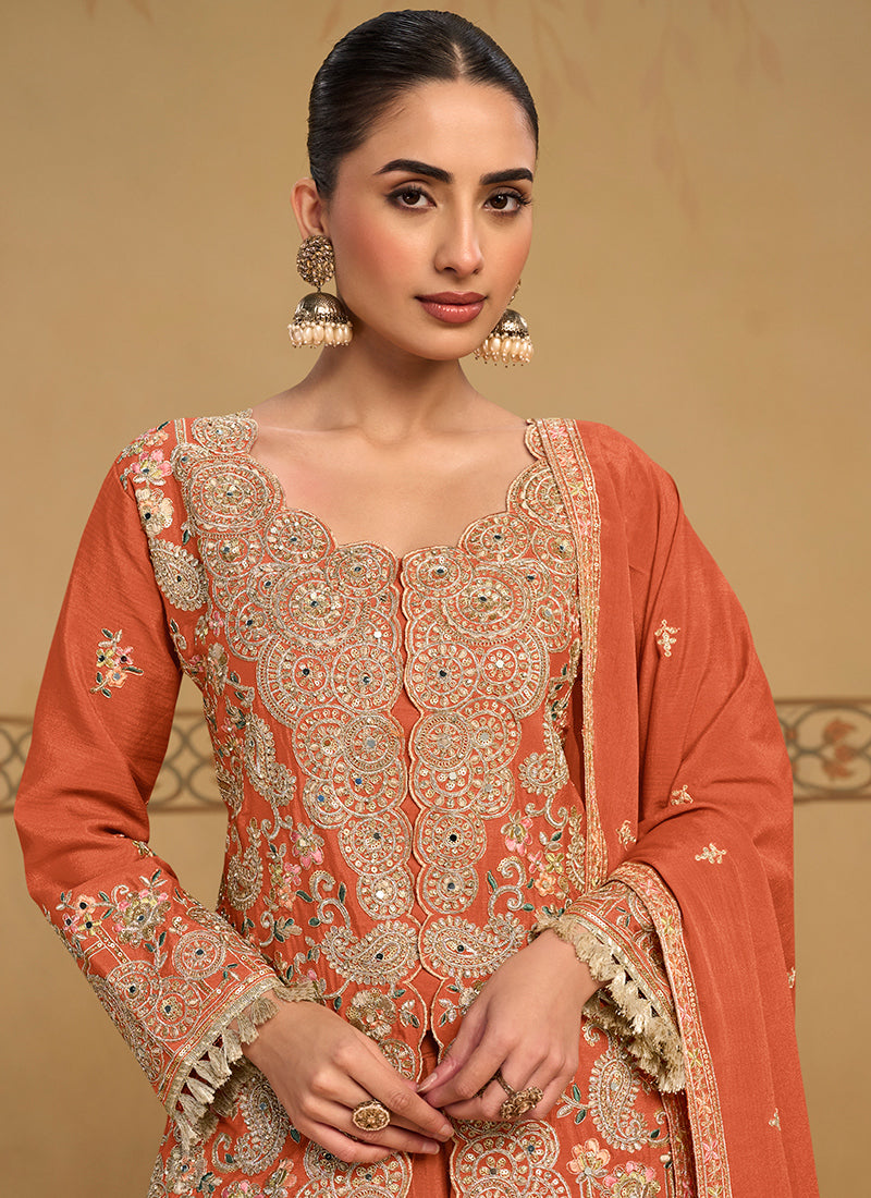 Orange Chinon Embroidery Work Occasional Wear Readymade Plazzo Suit SW405982