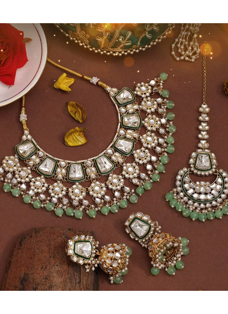 Light Green Festival Wear Kundan Necklace Set 383107