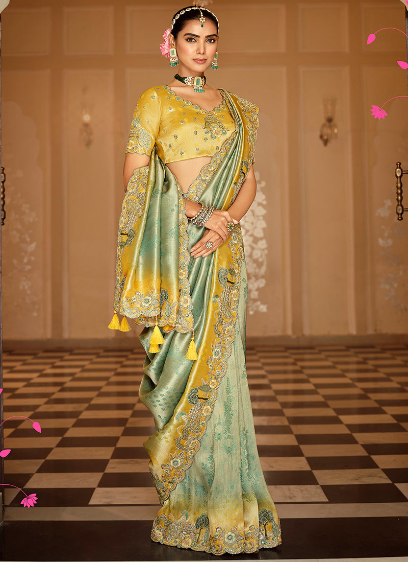 Viscose Jacquard Silk Sea Green Bridal Saree with Heavy Embroidery Work for Bridal Wear 384767