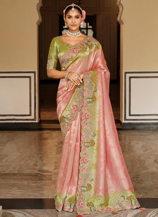 Viscose Jacquard Silk Baby Pink Bridal Saree with Heavy Embroidery Work for Bridal Wear 384768