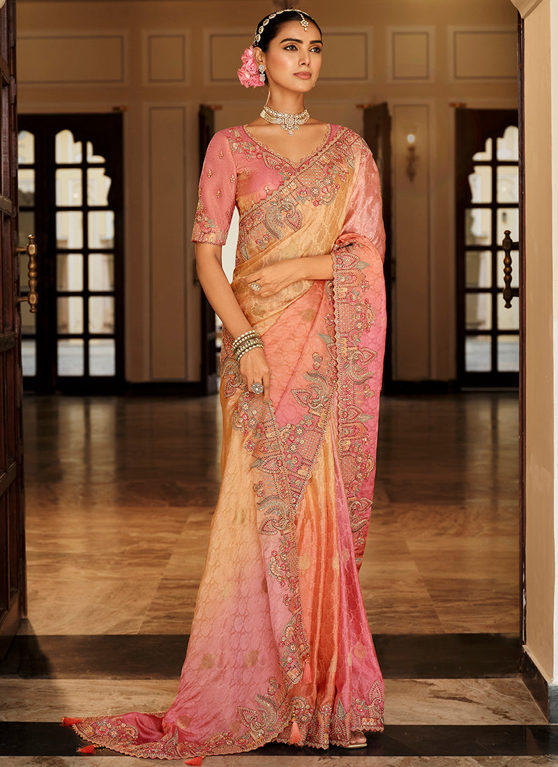 Viscose Jacquard Silk Peach Bridal Saree with Heavy Embroidery Work for Bridal Wear 384769