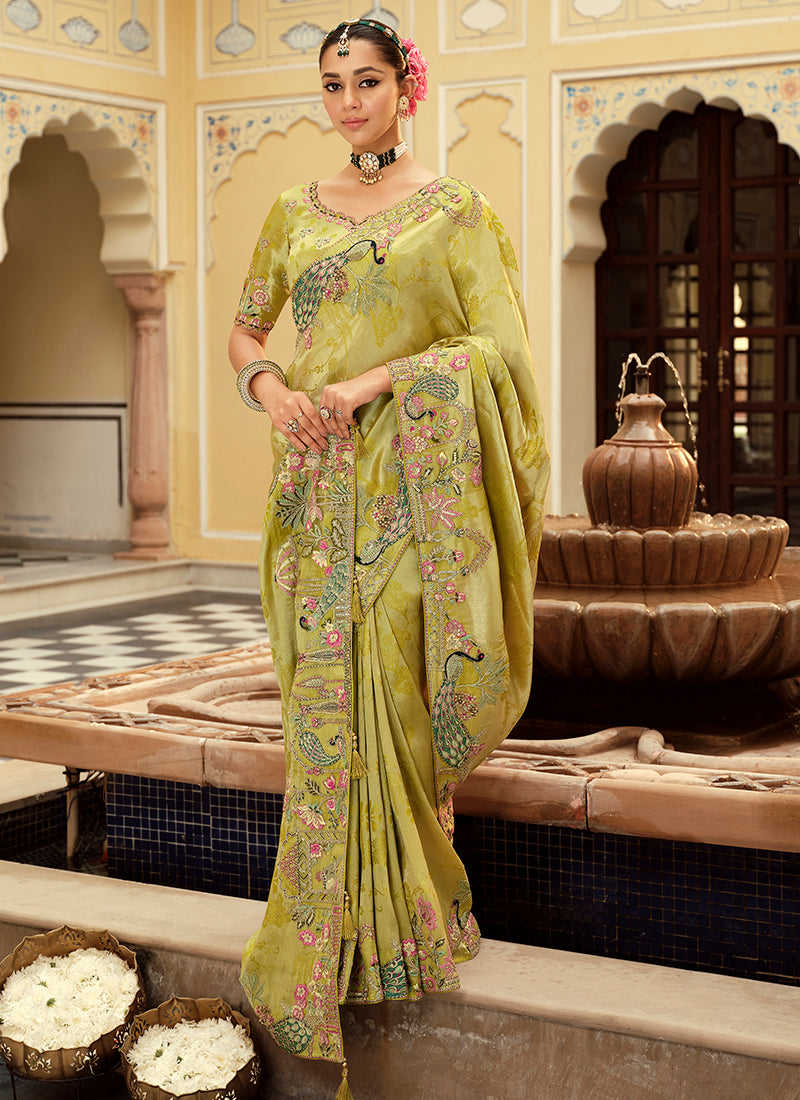 Viscose Jacquard Silk Light Olive Bridal Saree with Heavy Embroidery Work for Bridal Wear 384773