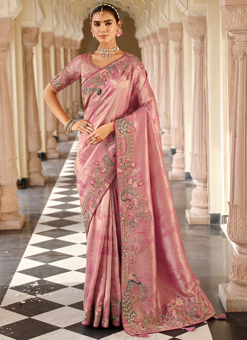 Viscose Jacquard Silk Dusty Rose Bridal Saree with Heavy Embroidery Work for Bridal Wear 384774