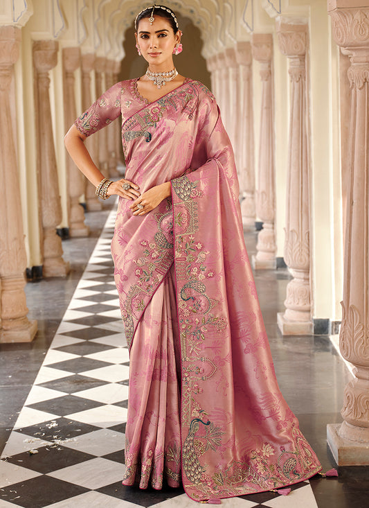 Viscose Jacquard Silk Dusty Rose Bridal Saree with Heavy Embroidery Work for Bridal Wear 384774