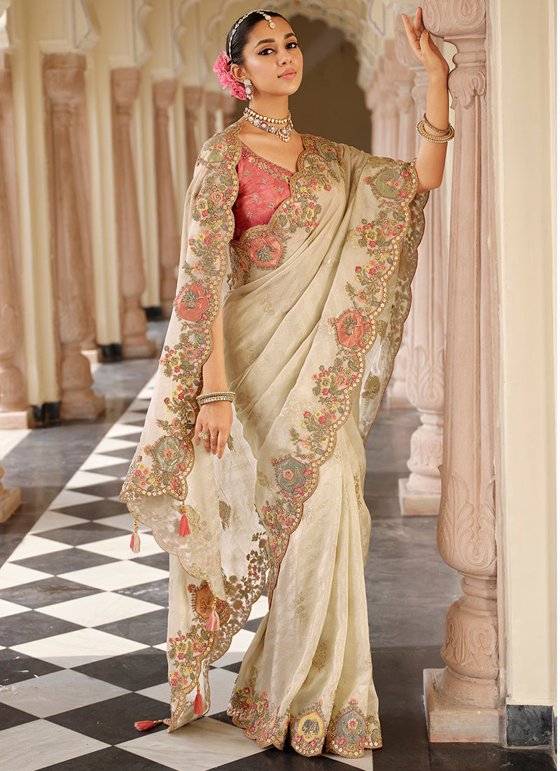 Viscose Jacquard Silk Off White Bridal Saree with Heavy Embroidery Work for Bridal Wear 384775