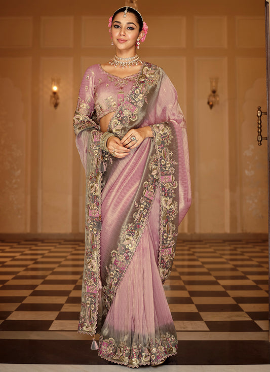 Viscose Jacquard Silk Dusty Rose Bridal Saree with Heavy Embroidery Work for Bridal Wear 384777