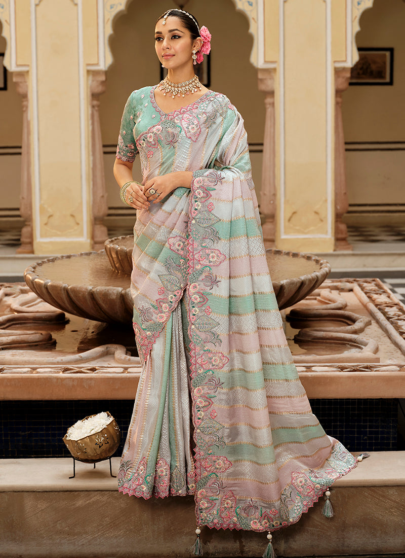 Viscose Jacquard Silk Multi Color Bridal Saree with Heavy Embroidery Work for Bridal Wear 384778