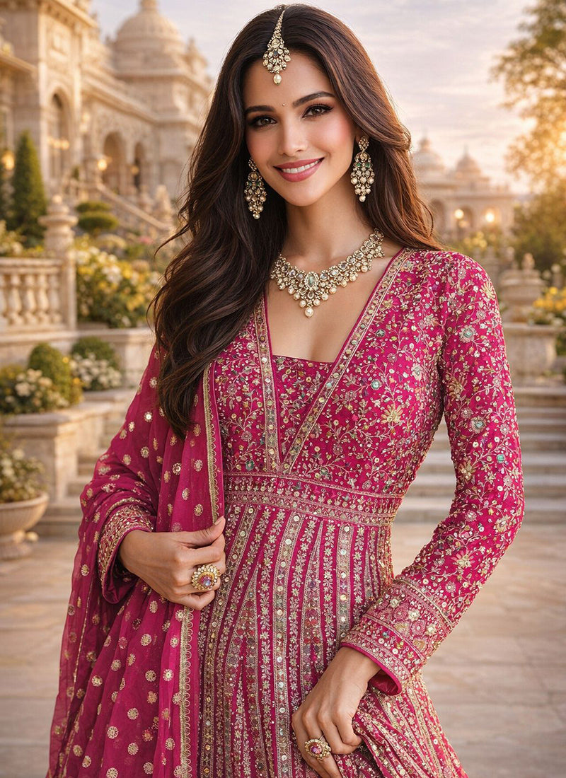 Rani Pink Georgette Embroidery Work Wedding Wear Readymade Anarkali Suit SW790399