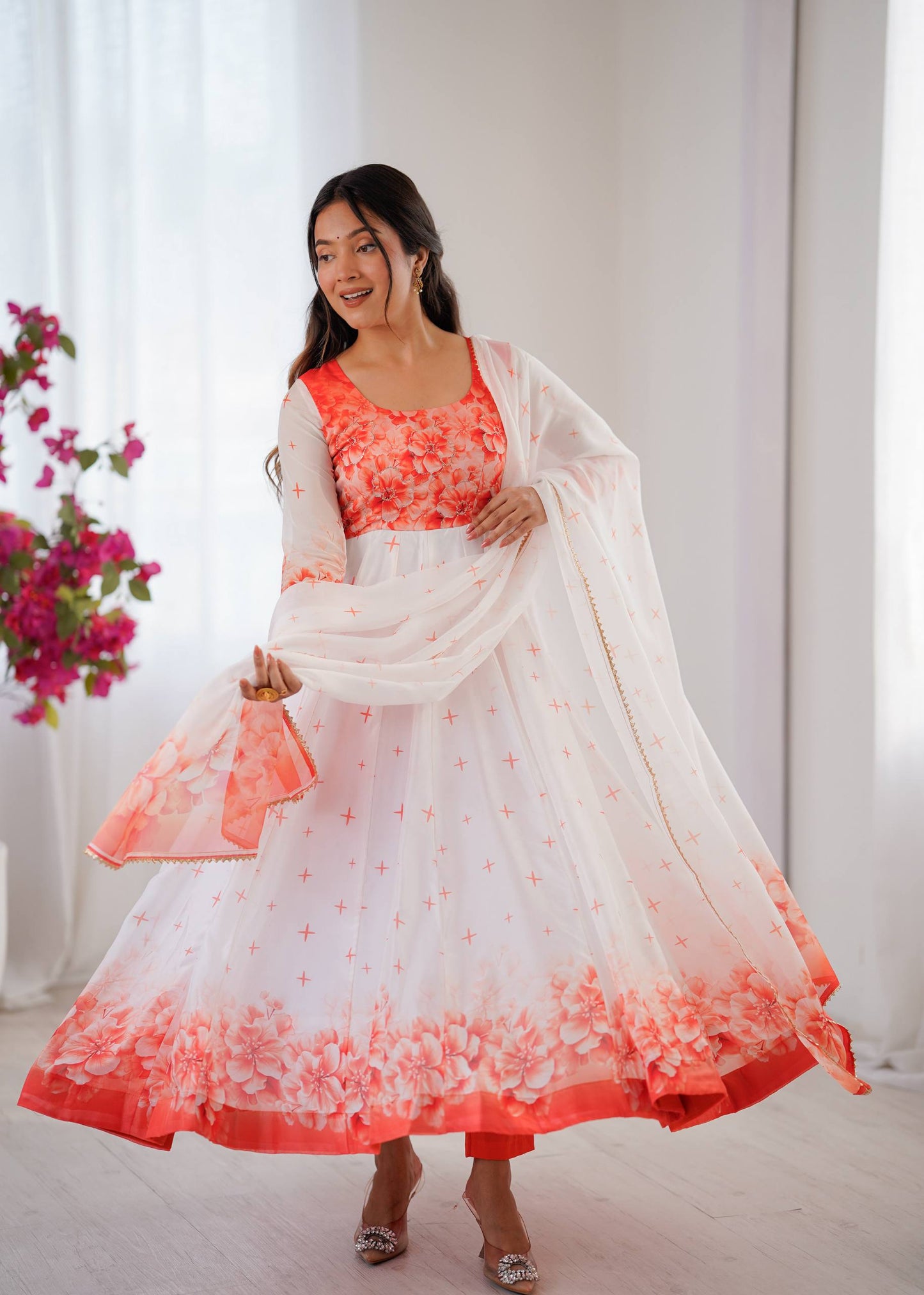 Organza White Festival Wear Digital Print Work Readymade Anarkali Gown 385970