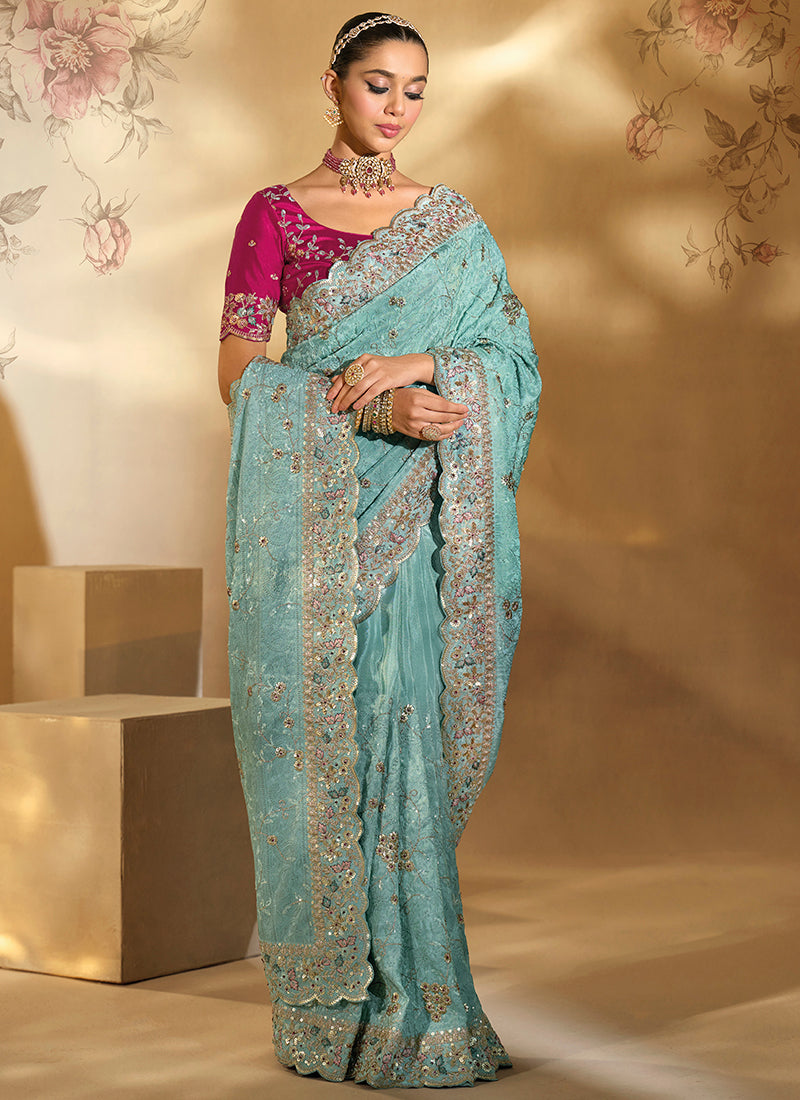 Banarasi Silk Light Green Wedding Wear Embroidery Work Saree 385528