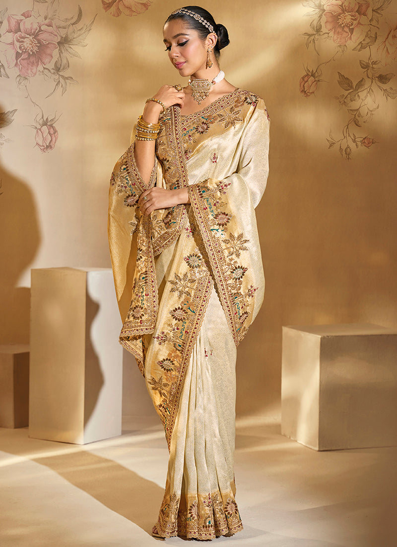 Silk Beige Wedding Wear Embroidery Work Saree 385529