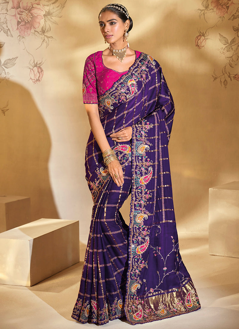Silk Purple Wedding Wear Embroidery Work Saree 385530