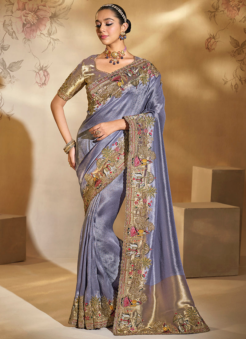Silk Powder Blue Wedding Wear Embroidery Work Saree 385531
