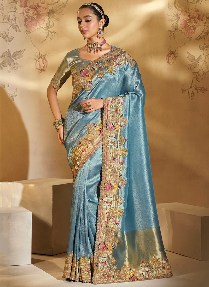 Silk Powder Blue Wedding Wear Embroidery Work Saree 385534