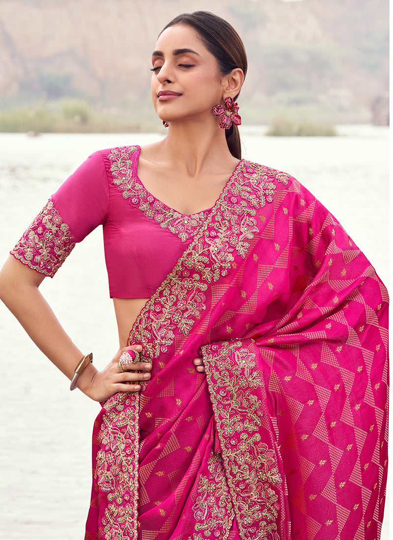 Silk Pink Wedding Wear Embroidery Work Saree 386794