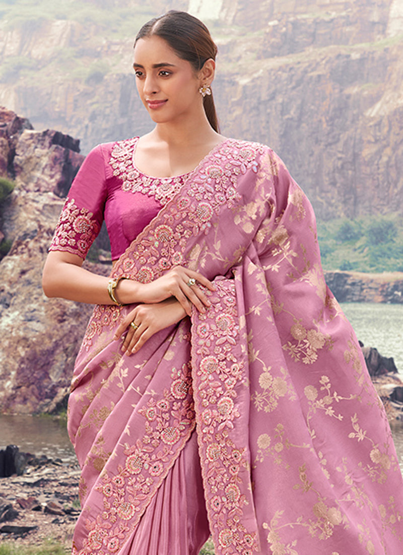 Silk Onion Wedding Wear Embroidery Work Saree 386800