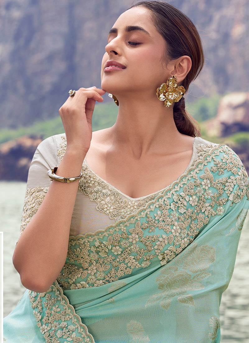 Silk Sky Blue Wedding Wear Embroidery Work Saree 386803