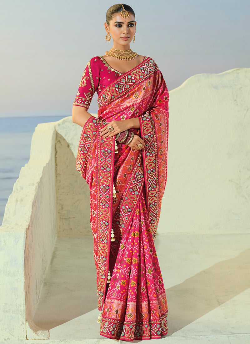 Rani Pink Patola Hand Work Wedding Wear Saree SW406032