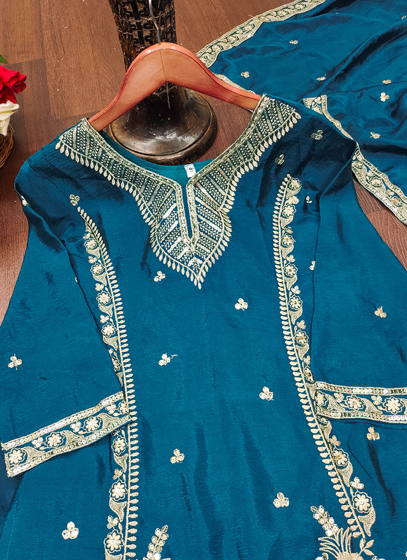 Chinon Teal Blue Wedding Wear Embroidery Work Readymade Plazzo Suit 387668