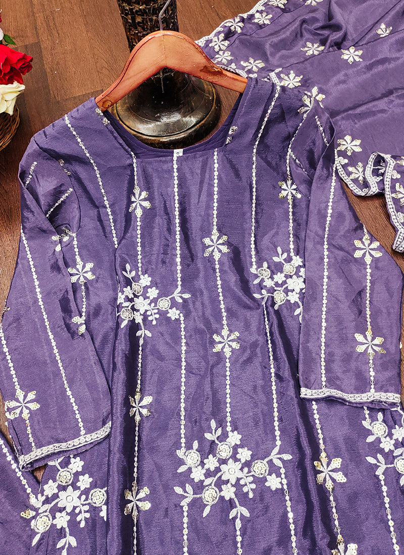 Chinon Purple Wedding Wear Embroidery Work Readymade Plazzo Suit 387669
