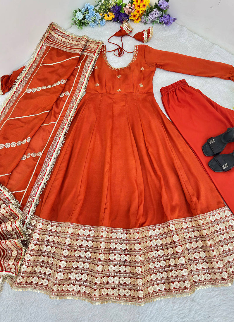 Orange Chinon Silk Embroidery Work Festival Wear Readymade Gown SW482878
