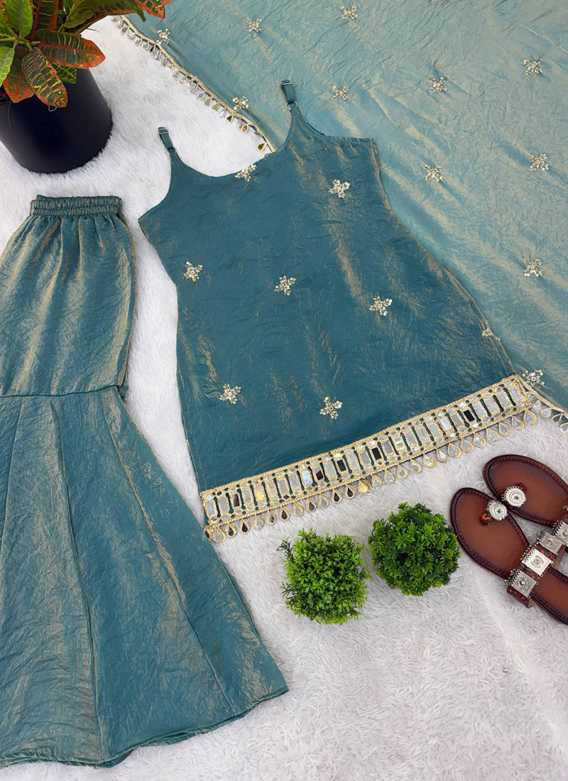 Sky Blue Fendy Silk Embroidery Work Occasional Wear Readymade Sharara Suit SW607269