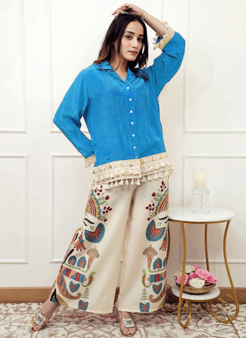 Cotton Slub Blue Designer Wear Printed Work Readymade Top With Plazzo 383787