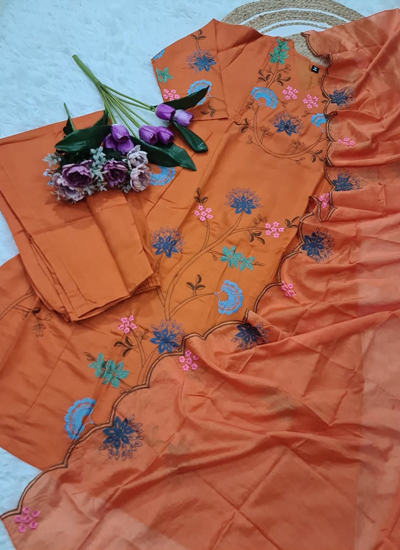 Viscose Orange Festival Wear Embroidery Work Readymade Anarkali Suit 386865