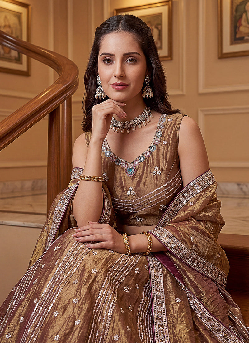 Antique Gold Organza Sequins Work Occasional Wear Lehenga Choli SW399184