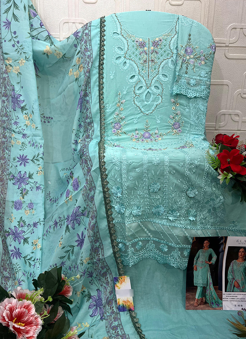 Aqua Blue Cotton Hand Work Eid Wear Pakistani Suit SW934691