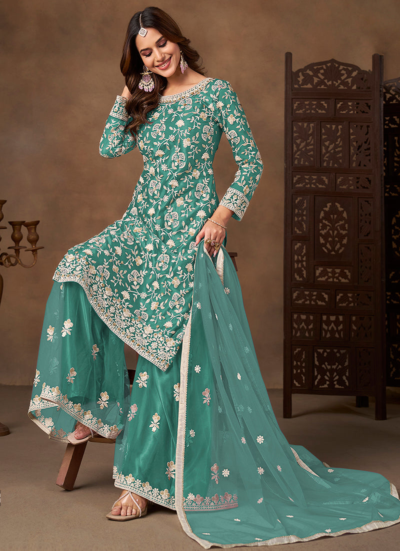 Aqua Blue Satin With Net Embroidery Work Designer Wear Sharara Suit SW985380