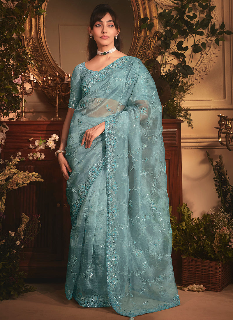 Tissue Organza Aqua Blue Saree with Sequin Work for Wedding Wear 383997